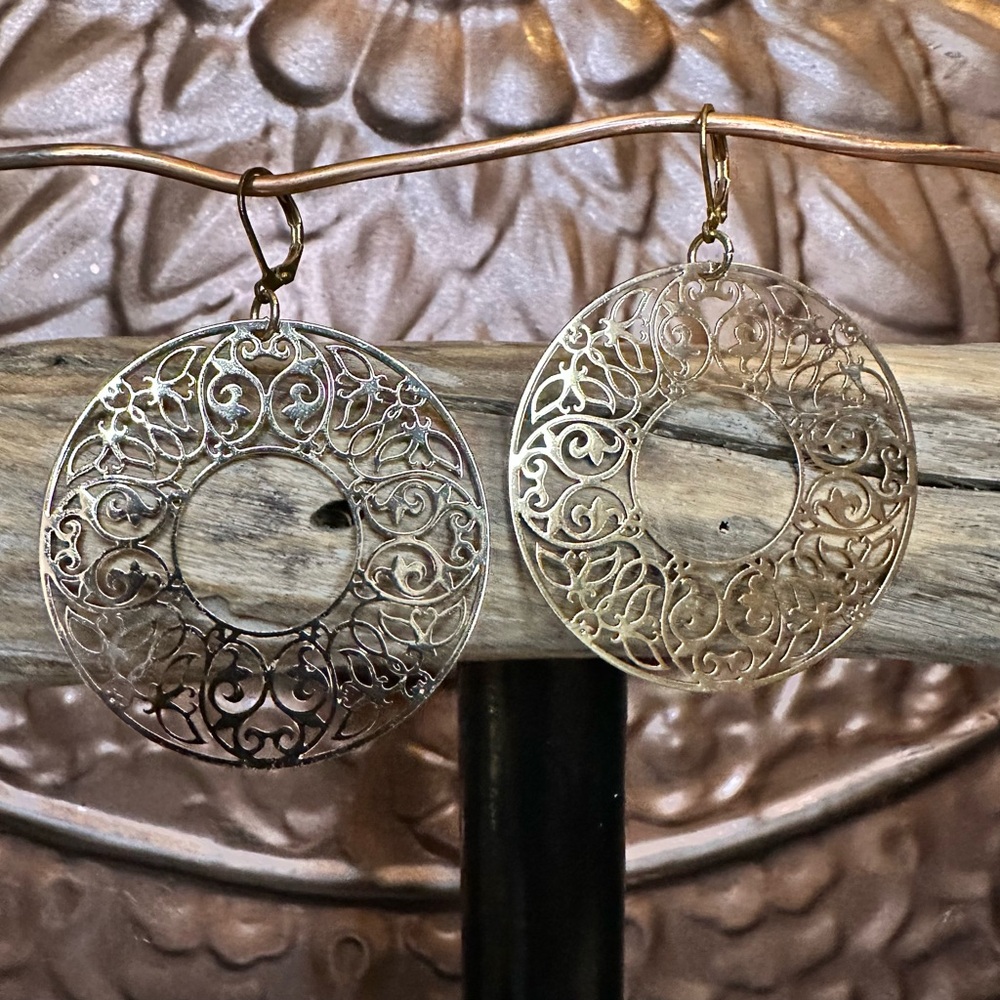 Gold Color Hoop Earrings with Intricate Design